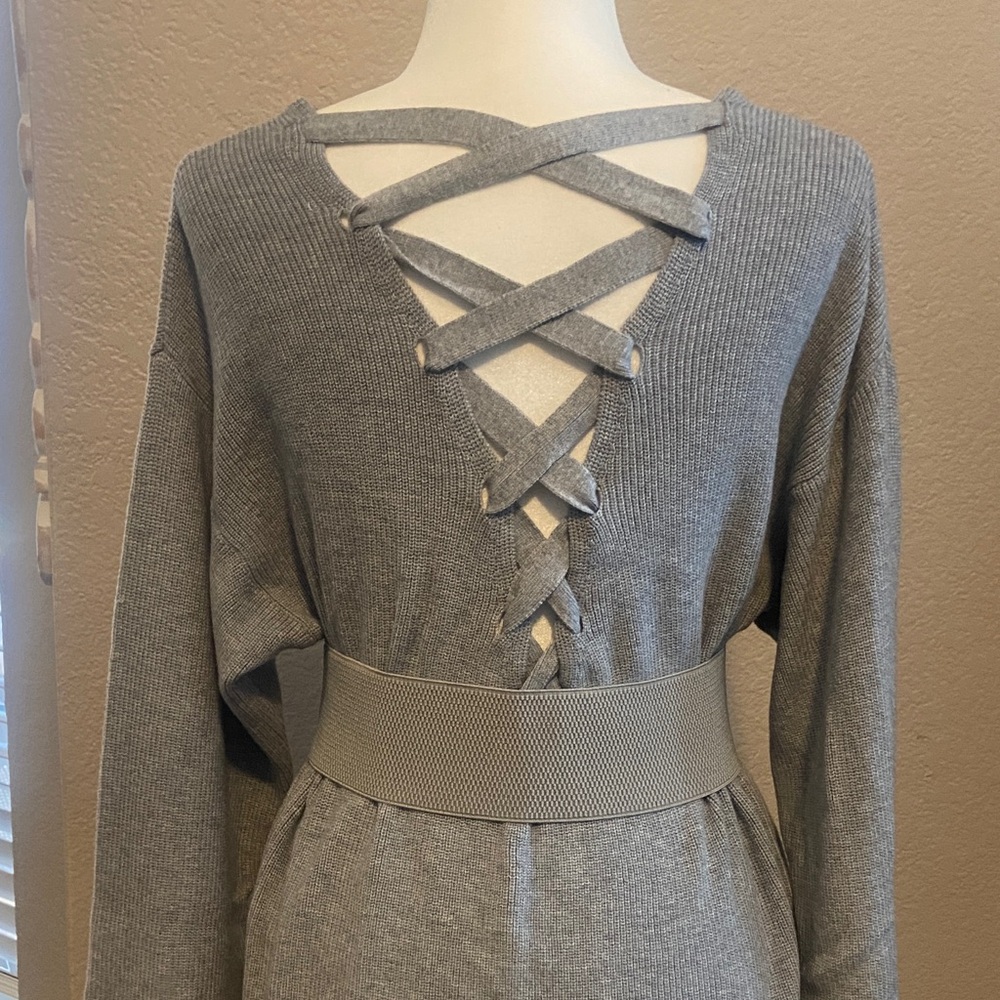 2/$15* Gray V-Neck Sweater with Lace-up Back, Simply Couture brand, size S